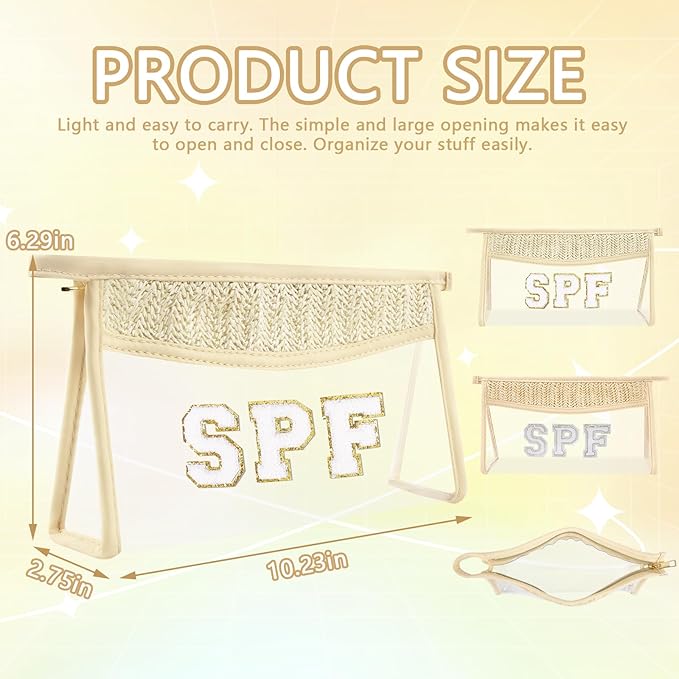 Iqimott Boho Patch SPF Bag Clear Makeup Letter Bag, Waterproof Zipper Make up Bags Toiletry Pouch for Women Girls, Clear Letter Patch Cosmetic Bags Transparent Organizer Pouch for Travel(SPF, Beige)