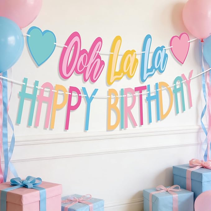 2PCS Ooh La La Birthday Banner, Colorful Fancy Pre-Strung Garland, Fancy Party Decorations for Birthday, Tea Party, Baby Shower Supplies