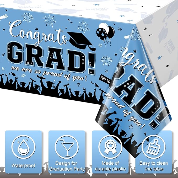 6 Pack Graduation Tablecloth Party Decorations, Class 2026 Congrats Grad Plastic Tablecover Party Supplies, Light Blue Rectangle Graduation Table Decorations for College High School Party, 54x108 Inch
