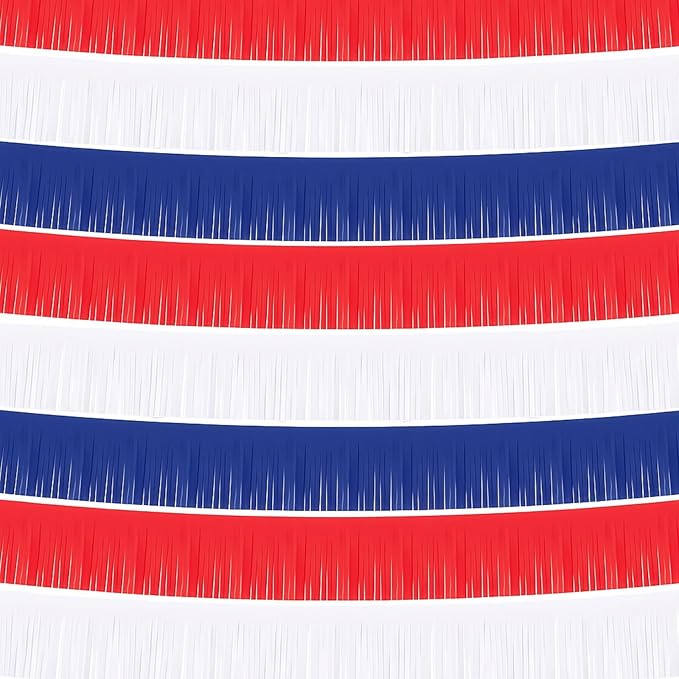Taiyin 12 Pack 120 Feet 4th of July Decor Patriotic Fringe Garland Red White Blue Paper Fringe Garland Streamers Banner Independence Day Hanging Backdrop Table Skirts for Memorial Day Birthday Party