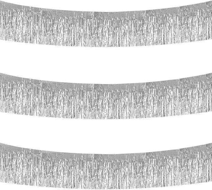 BEISHIDA 3 Packs 30 Feet Metallic Foil Fringe Garland Tinsel Streamers，Shiny Silver Wall Hanging Tinsel Fringe Banners for Wedding Birthday Party Decoration Halloween Christmas New Year