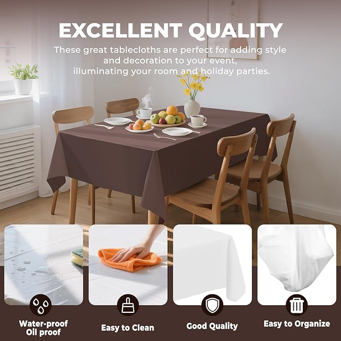 6 Pack Premium Disposable Plastic Tablecloth 54" x 108" Party Table Cloths Disposable for 6 to 8 Foot Tables Indoor or Outdoor Birthdays Weddings Christmas Anniversary Buffet Table (Brown)
