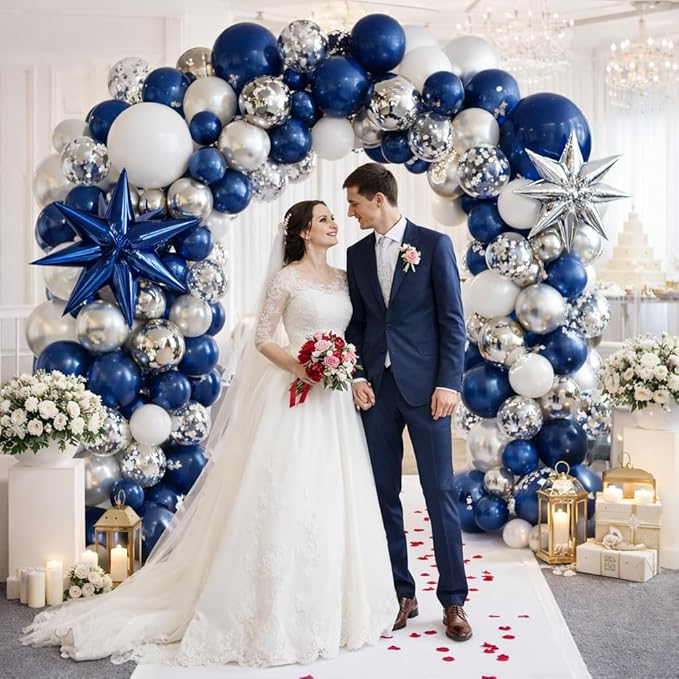 152 pcs Blue White Silver Balloon Garland Arch Kit,Navy Blue Silver Confetti Balloons with Exploding Star Balloons for Graduation Class of 2026 Birthday Wedding Retirement Party Decorations