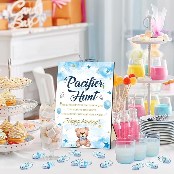 Thyle 51 Pcs Blue Bear Pacifier Hunt Baby Shower Games Include Neutral Bear Themed Hunt Sign and 50 Acrylic Pacifiers for Blue and Brown Baby Shower Game Decoration Gift Sets Gender Reveal Party Decor