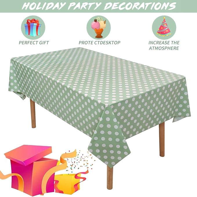 Kesfey 3 Pack Sage Green Polka Dot Table Cloths 54 x 108 Inch Sage Green and White Dots Tablecloth Disposable Plastic Sage Green Tablecover Waterproof Rectangle Picnic Table Covers for Birthday Party