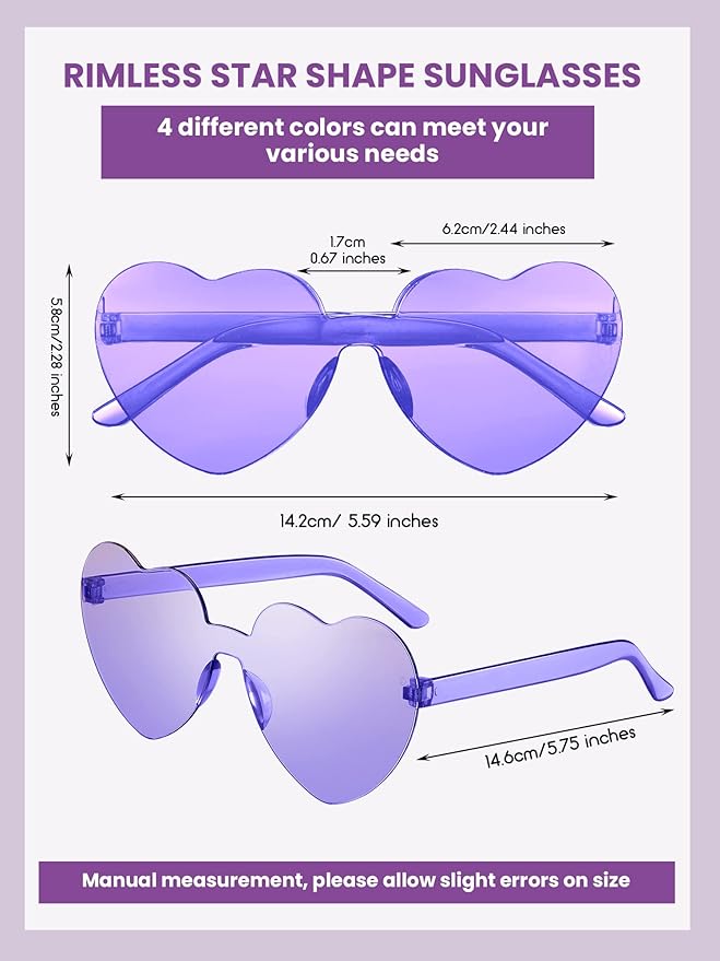 Weewooday 40 Pairs Heart valentines Glasses Rimless Heart Shaped Frameless Sunglasses Transparent Sunglasses Tinted Eyewear