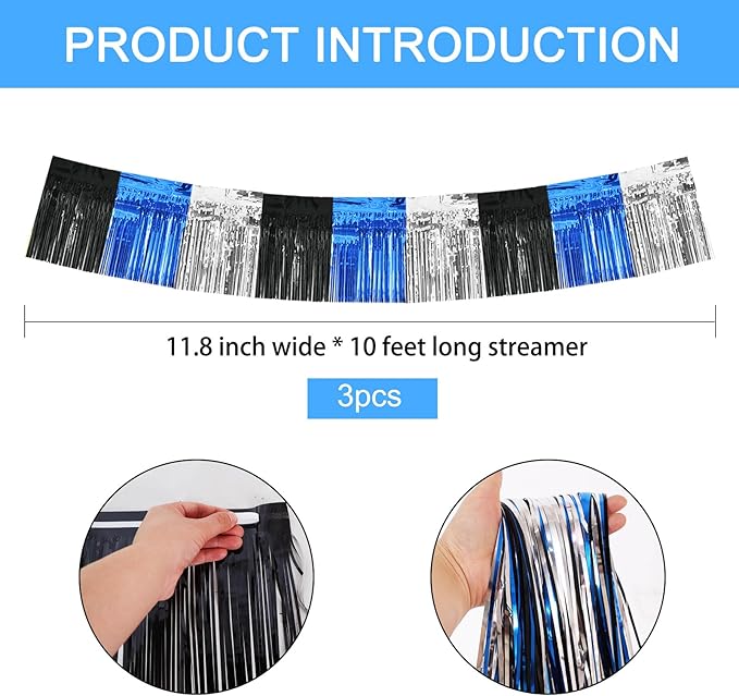 BEISHIDA 3 Packs Metallic Foil Fringe Garland Black Blue Silver Wall Hanging Tinsel Fringe Banners for Car Floats Bridal Shower Wedding Birthday Graduation Holiday Party Decoration(30 Feet)