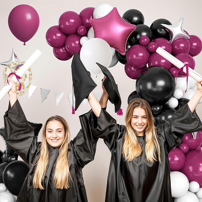 Burgundy Black White Balloons Arch Kit with Star Balloon Pennant Flag Bunting 2025 Foil Balloon Banner Maroon Balloons Garland for Class of 2025 Graduation Theme Birthday Party Supplies