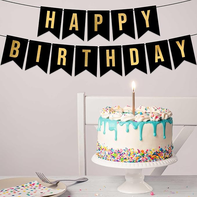 Pre-strung Happy Birthday Banner - No DIY - Black Birthday Party Banner with Gold Letters - Pre-strung on 8 ft Strands - Black Bday Party Decorations & Decor for Men & Women. Did We Mention No DIY