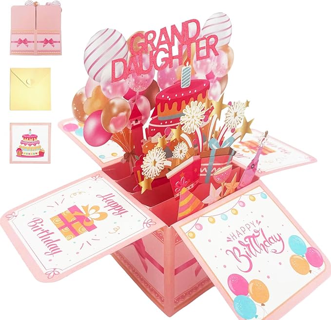 Happy Granddaughter Birthday Card Pop Up Card Box Gift From Grandma Grandparents 3D Funny Colorful Foldable Celebration Greeting Cards With Envelope For Women Birthday Party Decor