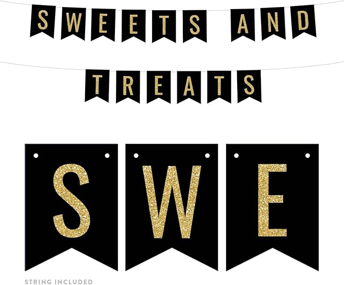 Andaz Press Faux Gold Glitter on Black Party Banner Decorations, Sweets and Treats, Approx 5-Feet, 1-Set, Birthday Wedding Baby Shower Colored Hanging Pennant Decor