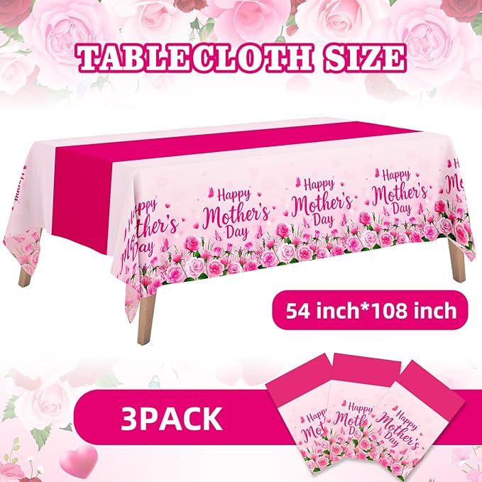 3-Pack Mother's Day Tablecloth, Mothers Day Party Decorations, 54" x 108" Pink Flowers Plastic Disposable Table Covers,Mother's Day Party Supplies