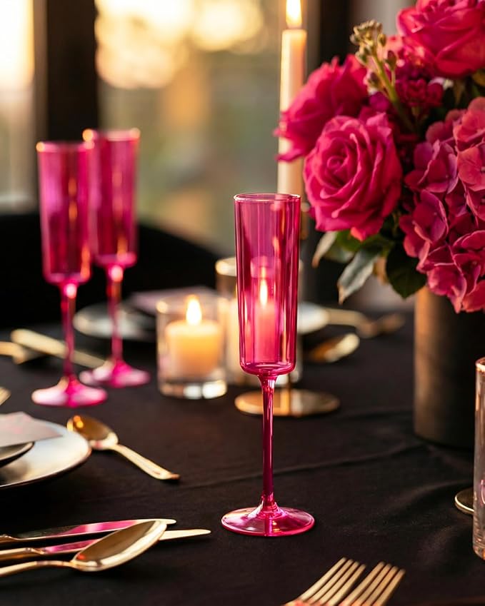 Ciaell 24 Pack Plastic Champagne Flutes - Hot Pink 6 Oz Disposable Champagne Glasses - Square Plastic Toasting Glasses for Party Birthday Anniversary Wedding & Easter