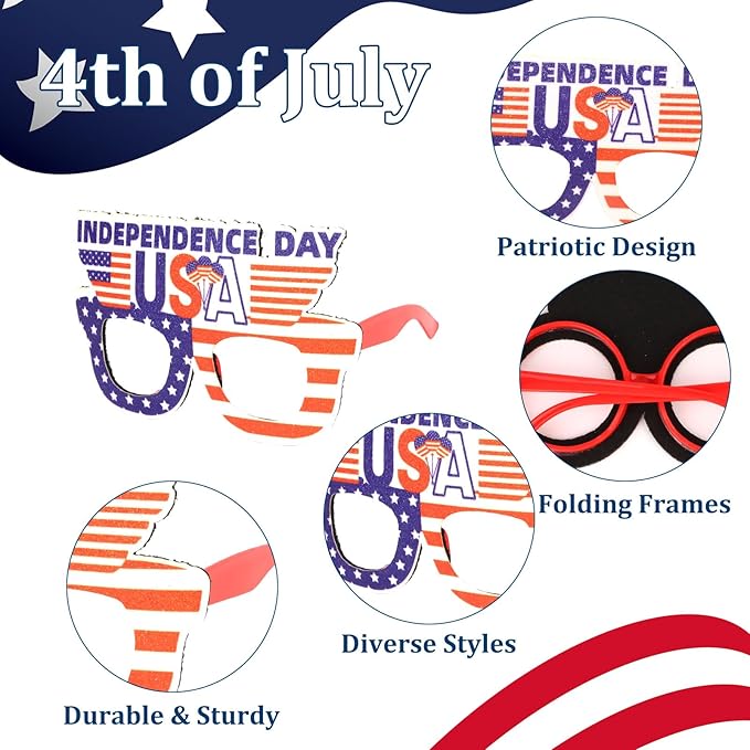 CURASA 9PCS American Flag Glasses 4th Of July Paper Glasses Patriotic Party Decorations Red White Blue Eyewear Memorial Day Sunglasses Independence Day Outfits Photo Booth Props Favor Gifts For Adults