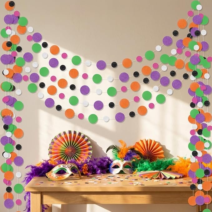 Outus 5 Pieces Orange,Black,Purple,Green,White Round Dots Garland Easter Graduation Party Hanging Decor Each Length 13.1ft Glitter Paper Dot Streamers for Birthday Wedding Classroom