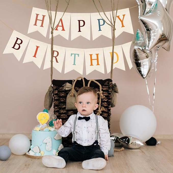 Doumeny Happy Birthday Burlap Banner Boho Birthday Garland Bunting Bohemian Party Hanging Flag White Happy Birthday Bunting Garland Rainbow Party Banner for Women Men Birthday Kid Photo Backdrop