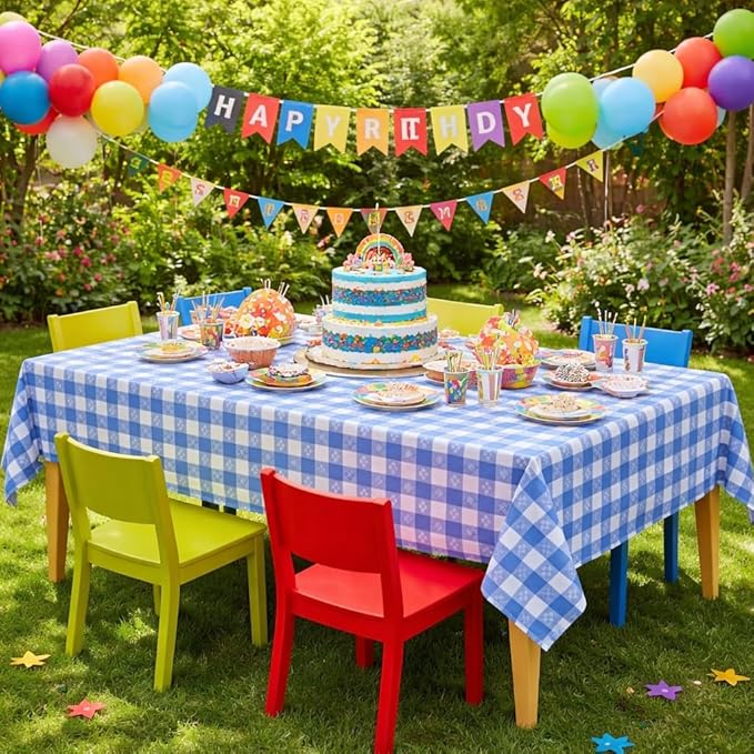 Party Dimensions Blue Gingham Disposable Plastic Tablecloths for Rectangle Tables, 54" x 108", 12-Pack, Plastic Table Covers for Parties, Picnics, Events, Indoor & Outdoor Use