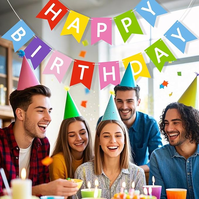 Happy Birthday Banner Sign, Birthday Garland Wall Door Hanging Banners Flag for Women Men Boys Girls Party Backdrop Decorations, Personalized Name Banner White Letters Multicolor