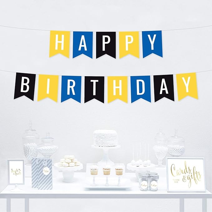 Andaz Press Hanging Pennant Banner Party Decorations, Yellow, Blue, Black, Happy Birthday, 1-Pack, Approx. 5-Feet, Police Construction Boys 1st 2nd 3rd 4th 5th Birthday Themed Decor