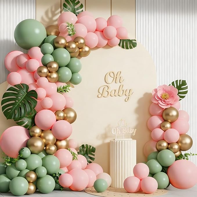 Spring Balloon Garland Arch Kit 160Pcs Sage Green Pink and Gold Latex Balloons for Baby in Bloom Baby Shower Bridal Shower Wedding Jungle Safari Woodland Birthday Party Decorations