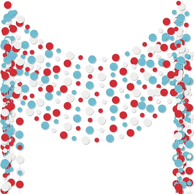 Outus 10 Pieces Colorful Dots Paper Garland Easter Decor Round Glitter Hanging Confetti Streamers Backdrop for Spring Birthday Classroom Halloween Trunk or Treat Car Decoration (Light Blue,White,Red)