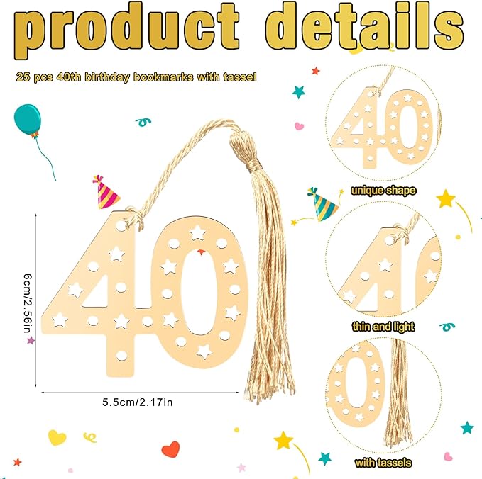 Spakon 25 Set 40th Birthday Party Favor for Guest Anniversary Party Favor Golden Birthday Bookmark Thanks for Coming Pen with Tag Appreciation Gifts for Women Men Wedding New Year