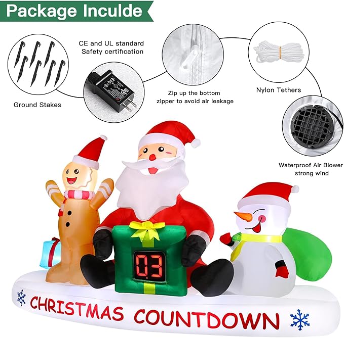 Alupssuc 8 FT Christmas Inflatable Outdoor Decorations with LED Christmas Countdown Clock, Snowman Santa and Gingerbread Man, Lighted Blow Up Lawn Yard Clearance for Indoor Xmas Holiday Party Decor