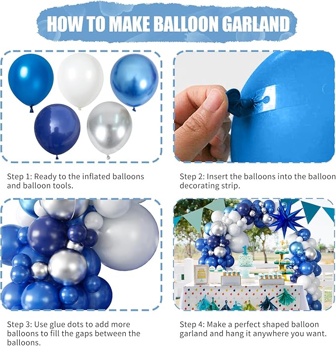 94Pcs Blue Balloon Garland Arch Kit Navy Blue Silver White Balloons Garland Kit with Metallic 4D Star Foil Balloon Birthday Party Balloons for Boys Men Baby Shower Wedding Graduation Party Decoration