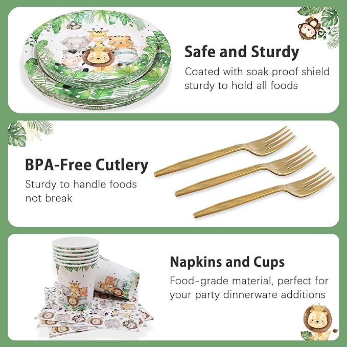 Safari Jungle Baby Shower Plates Set Decorations Wild One Birthday Party Decorations Serves 25,Sage Green Plates Napkins Cups and Forks Animals Theme Disposable Tableware Set