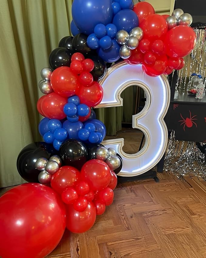 Black Red and Blue Balloons, 50PCS Red and Blue Party Balloons, 12Inch Spider Theme Balloon Metallic Silver Black Red Blue Balloons for Boys Birthday Graduation Baby Shower Party Decorations