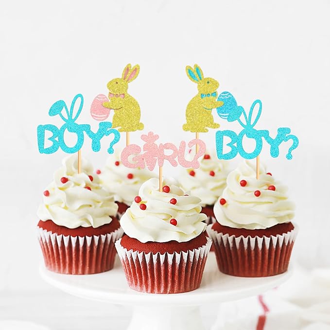 Ercadio 24Pcs Easter Day Rabbit Boy or Girl Cupcake Toppers Glitter Pink Blue Bunny Boy or Girl Cupcake Picks for Easter Gender Reveal Cupcake Toppers Easter Theme Birthday Baby Shower Party Supplies