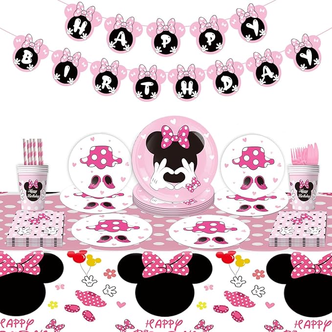 91Pcs Pink Bow Mouse Party Supplies Tableware Set, Cartoon Theme Birthday Party Decorations Include Paper Plates, Napkins, Tablecloth, Straws, Cups, Knives, Spoons and Forks (Pink)
