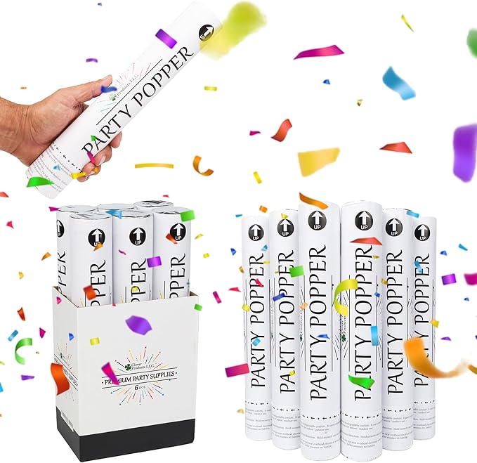 12" Biodegradable Confetti Cannons | 6 Pack Confetti Poppers for Weddings, Birthdays & Parties | Air-Powered Party Poppers Shoot 25 Feet | Safe for Indoor & Outdoor