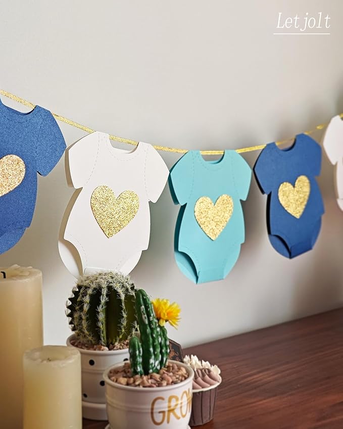 Blue Baby Shower Paper Garland Short-Sleeve Bodysuits Clothesline Garland Gender Reveal Birthday Banner Baby Outfit Pre - Strung Paper Decorations 9 pcs