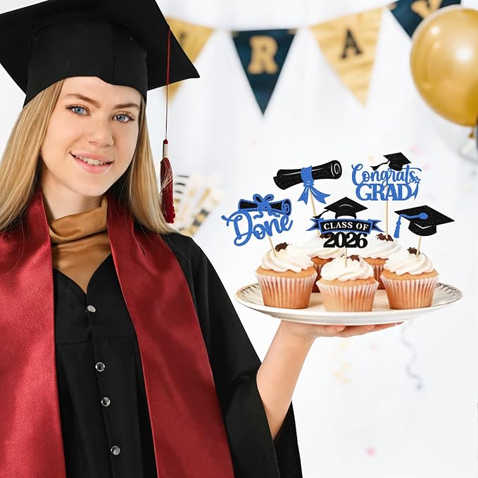 2026 Graduation Cupcake Toppers, 36 pack Blue Glitter Class of 2026 Congrats Grad Diploma Grad Cap Cupcake Picks for 2026 Graduation Party decorating Supplies