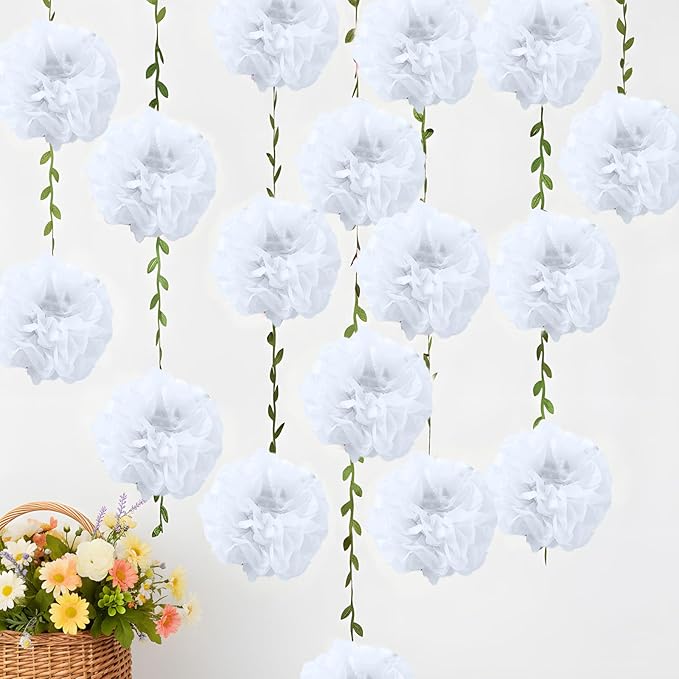 White Flower Garland for Backdrop - 2 Pcs Artificial Paper Floral Garlands for Wedding Home Decor, 8.2 Ft Hanging Fake Flower Vines for Room Wall Table Garden Decoration Aesthetic