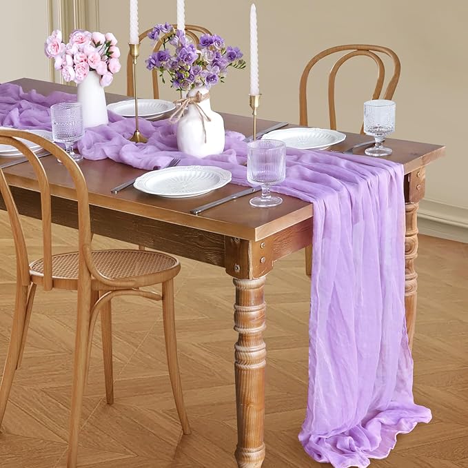 Lilac Table Runner, 10FT Rustic Gauze Lavender Table Runner 35*120inch Boho Table Runners for Wedding Bridal Shower Baby Shower Table Centerpiece Decorations