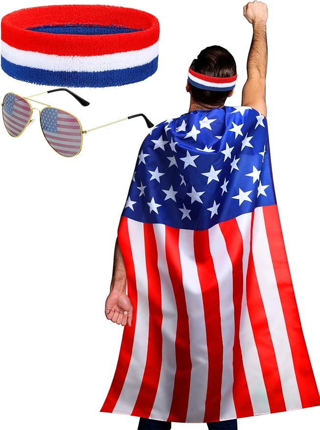 Frienda 250 Year American Flag Costume Cape, Retro 80's USA Sunglasses and Flag Headband for 250th Anniversary 4th of July