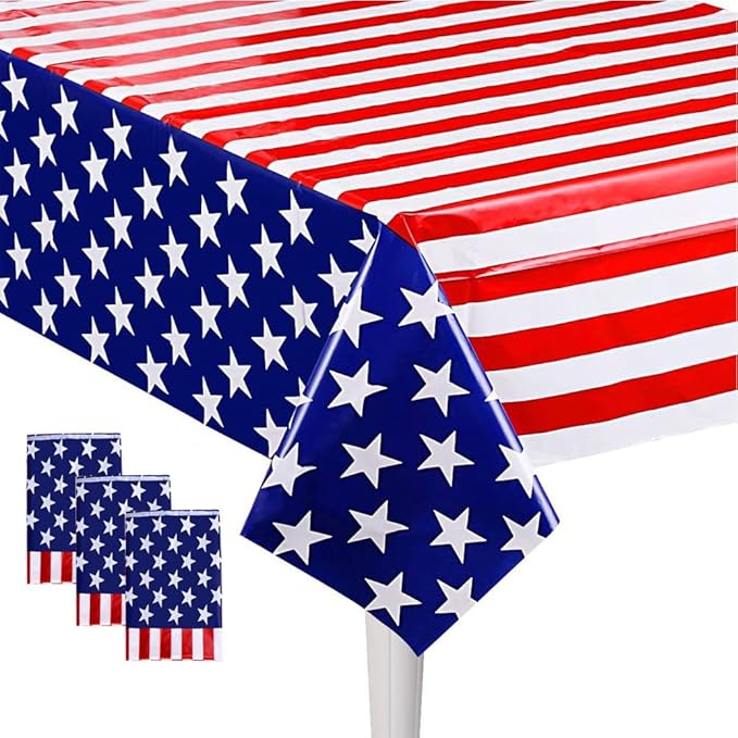 3 Pack American Flag Tablecloth, 54" x 108" Disposable Plastic Table Covers for Columbus Day, 4th of July Decoration