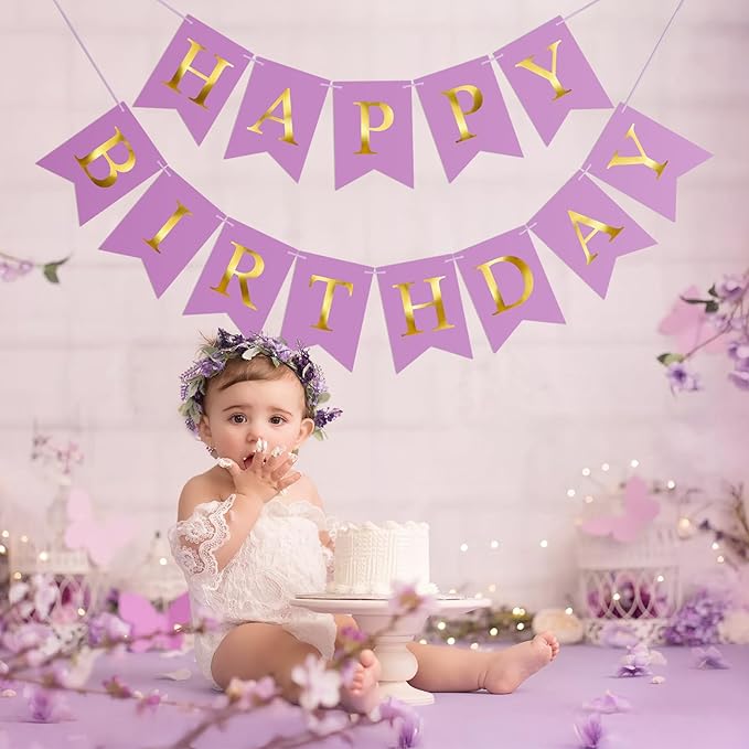 Purple Happy Birthday Banner Birthday Party Banner NO DIY Happy Birthday Sign Pre-Strung Birthday Hanging Decoration for Women Men Girl Boy Party Supplies (Purple and Gold)