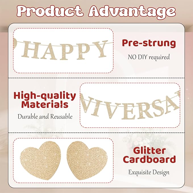 Pre-Strung Wedding Anniversary Decorations Romantic, Gold Glitter Happy Anniversary Banner, Couples Shower Decorations for Happy Wedding Reception Day Bridal Shower Party