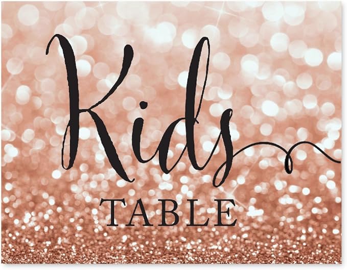 Andaz Press Wedding Party Signs, Glitzy Rose Gold Glitter, 8.5x11-inch, Kids Table Sign, 1-Pack, Bokeh Colored Party Supplies