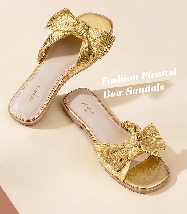 Ankis Womens Pleated Bow Flat Sandals White Gold Sandals for Women 2026 Dressy, Comfortable Open Toe Dress Sandals for Summer Beach Wedding Party Graduation Slip On Slides Sandals