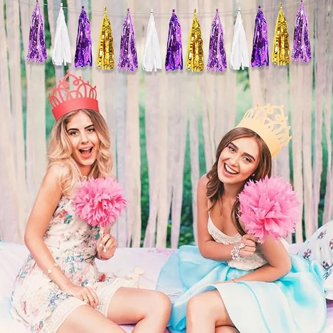 BEISHIDA 3 Packs Purple Gold White Metallic Foil Fringe Tassel Garland Banner Streamers for Graduation Birthday Wedding Bridal/Baby Shower Engagement Girl Theme Halloween Holiday Party Decoration