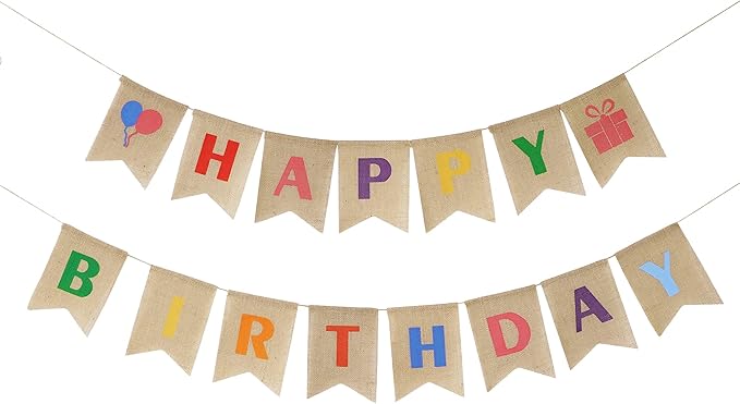HUIHUANG Rainbow Birthday Banner Set - 2pcs Happy Birthday Banners - 15 Flags - 5" x 78" - Burlap Material - Perfect for Birthday Parties
