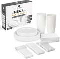 350 Piece WHITE Disposable Dinnerware Set 50 Guests, Plastic Party Plates And Cups And Napkins Sets - 50 Count 9" Dinner Plates, 7" Dessert Plates, 12oz Cups, Paper Napkins, Forks, Knives & Spoons
