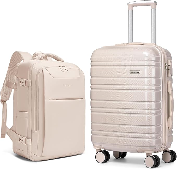 LARVENDER Carry on Luggage 22x14x9 Airline Approved Hardshell Suitcase with Wheels TSA Lock, PC+ABS Lightweight Suitcase Set for Women with Travel Backpack, Glossy Champagne