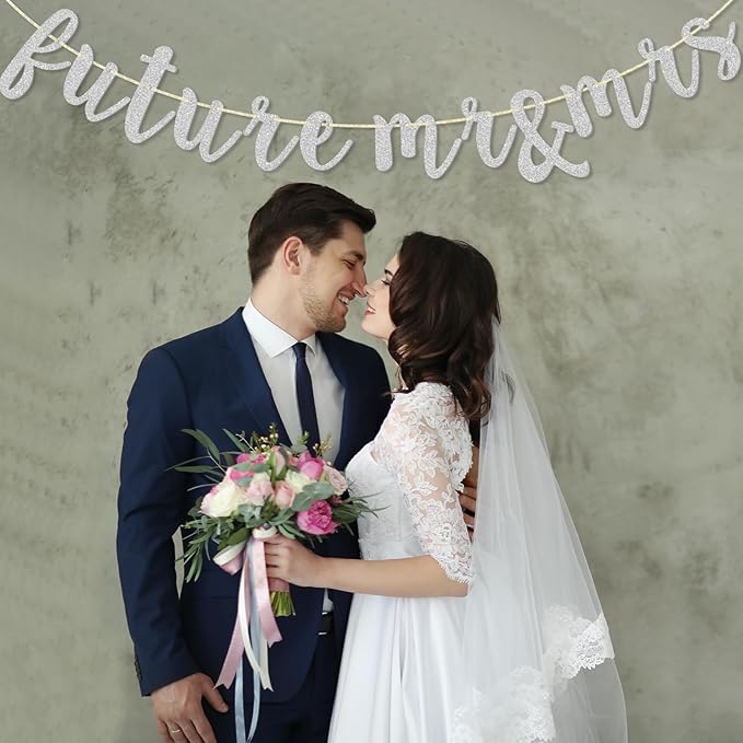 Future Mr & Mrs Banner, Engagement Decorations for Bridal Shower, Bride and Groom Party Pre-Strung (Silver Glitter)