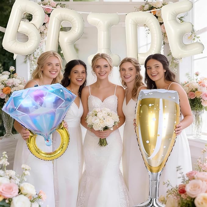 40inch Cream Bride Balloons Bachelorette, Bride To Be Bridal Shower Balloon Diamond Ring Champagne Glass Foil Balloons for Bachelorette Bridal Shower Engagement Wedding Hen Night Room Party Decoration