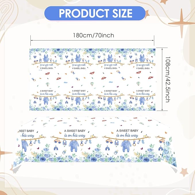 3 Pcs Baby Shower Decorations Boy A Sweet Boy is On His Way Party Supplies Blue Table Cover,Gender Reveal Table Cloths Decorations,55in x 86in